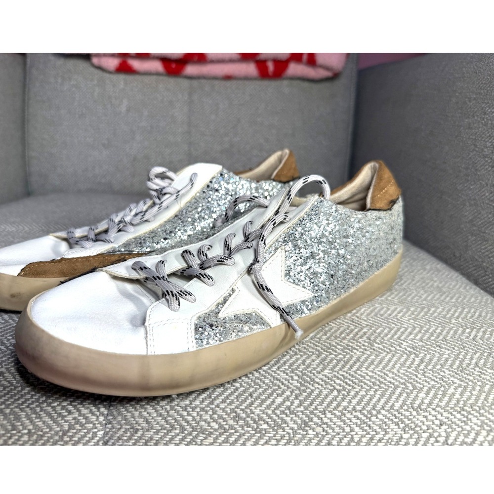 Shu Shop Paula Silver Glitter Star Low Top Sneakers Womens Size 9 White Tan